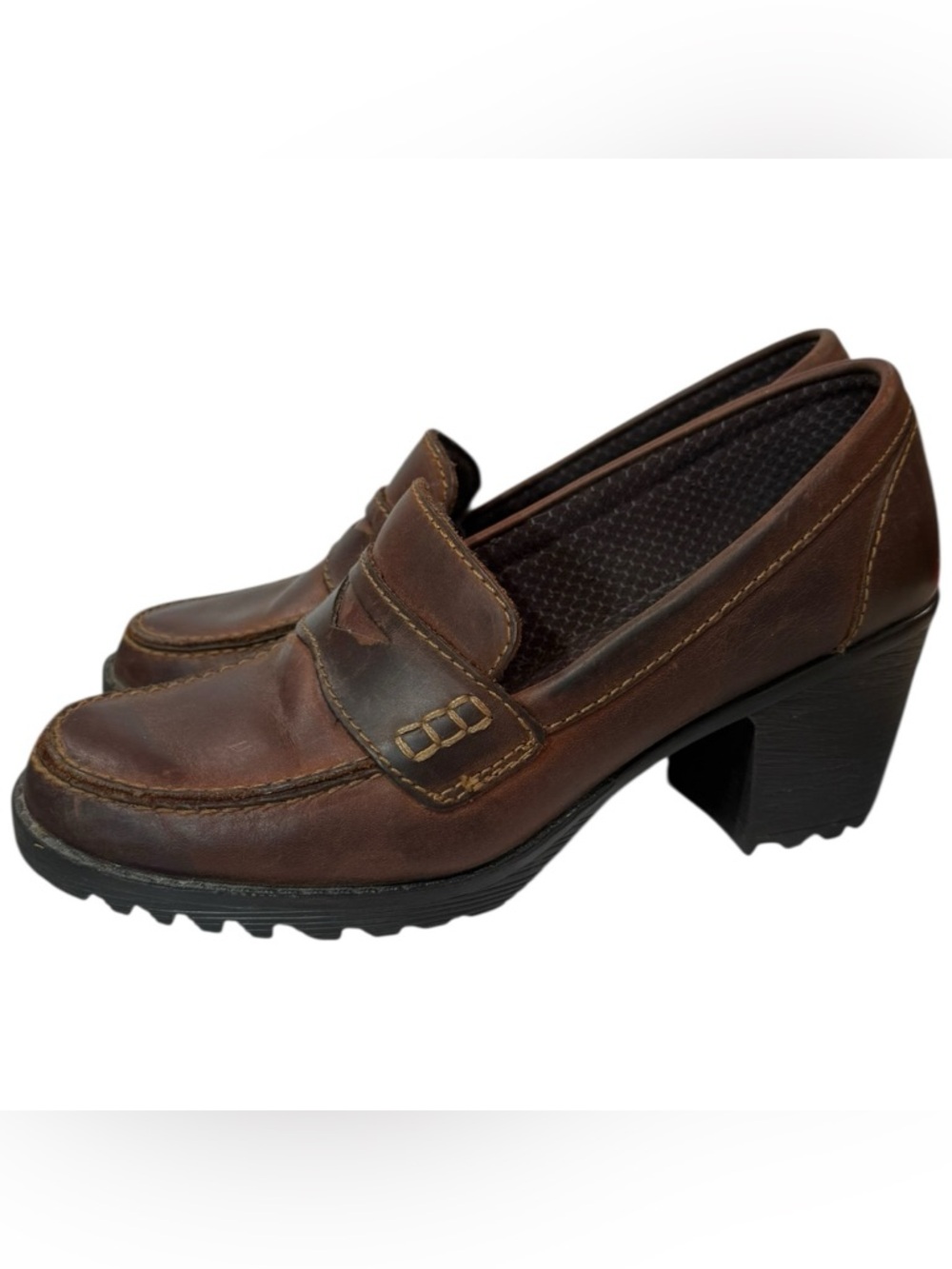 Eastland Moon Beam Brown Leather Loafer Heels Chunky Lug Sole Size 8.5 - Picture 3 of 11